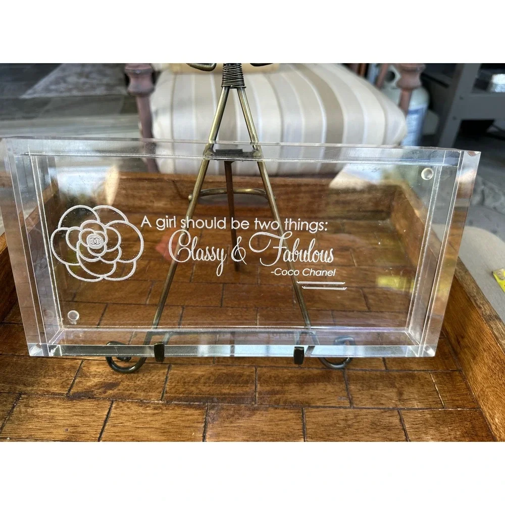 Hotel Balfour Coco Chanel Quote Acrylic Vanity Tray etched Clear‎ lucite  VGUC